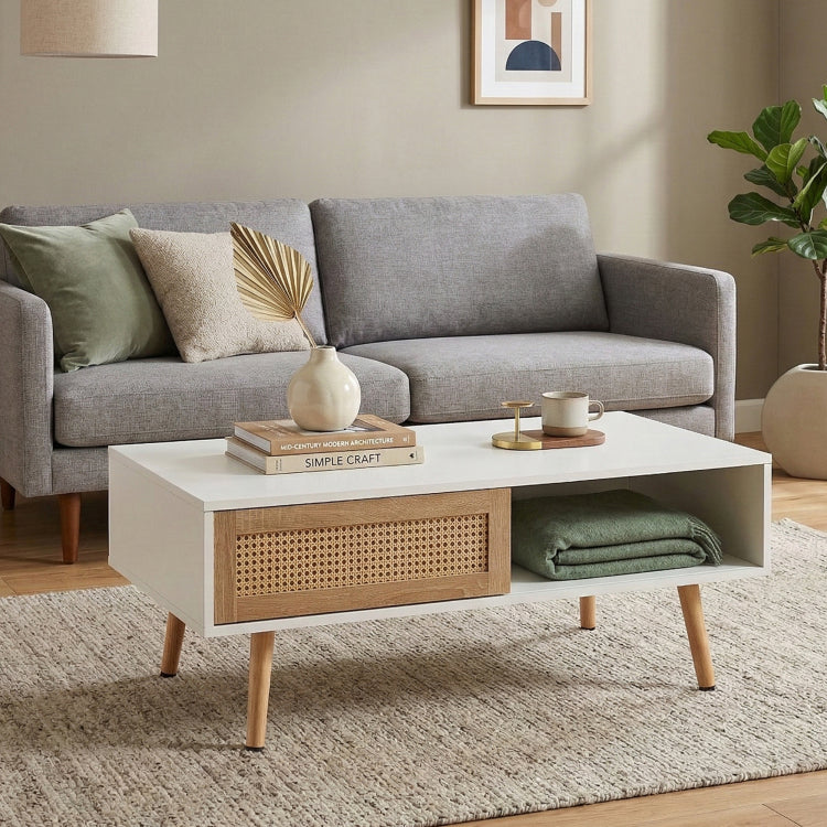 41.34" Rattan Coffee Table, Sliding Door For Storage, Solid Wood Legs, Modern Table For Living Room ,White