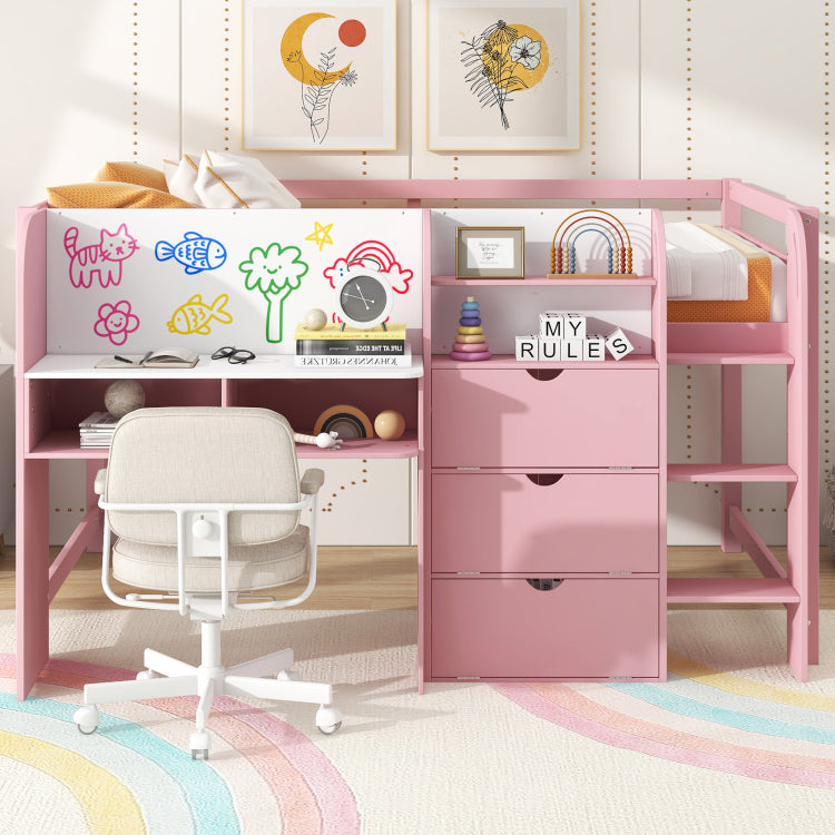 Full Size Low Loft Bed With Built In Desk,Storage Cabinets And Open Bookcase,Whiteboard For Graffiti,Pink