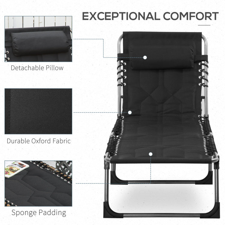 Outsunny Padded Folding Chaise Lounge Chair, Outdoor 6 Level Reclining Camping Tanning Chair With Headrest For Beach, Yard, Patio, Pool, Black