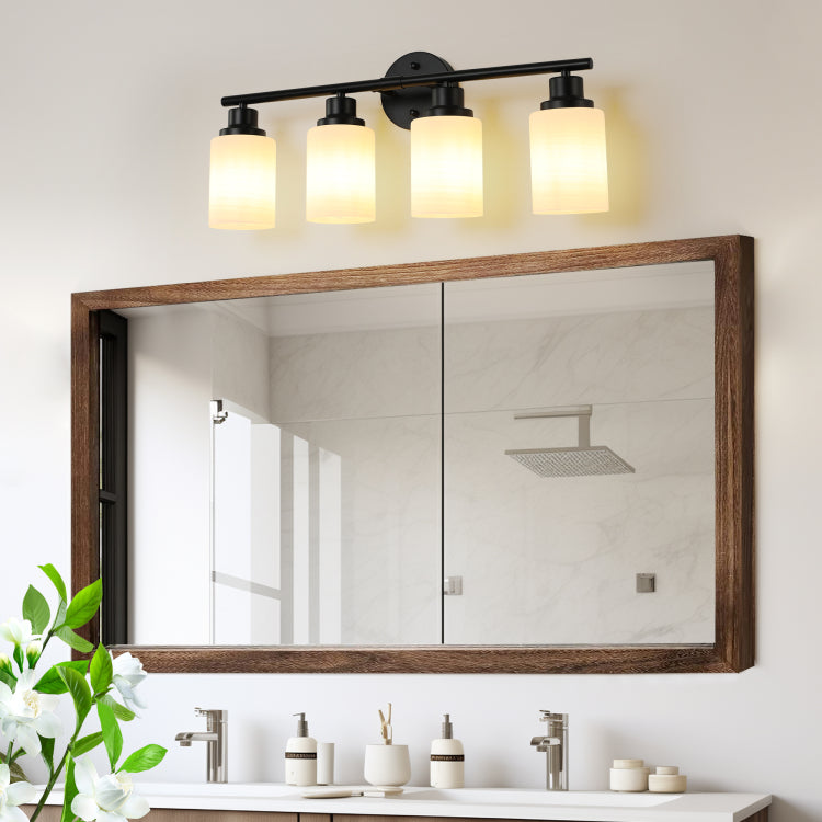 24" Modern 4 Light Vanity Bathroom Mirror Light, Frosted White Glass With Black Iron Frame, Contemporary Wall Sconce For Bedroom, Bathroom, And Dressing Room Bulb Not Included