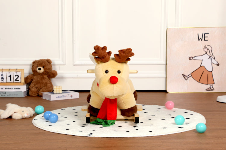 Kids Ride On Rocking Horse Toy With Jingle Bells,Moose Rocking Toy With Hand Puppets And Safety Belt For Children 1 3 Years,Soft Plush Fabric,Apricot,Cpc Certified