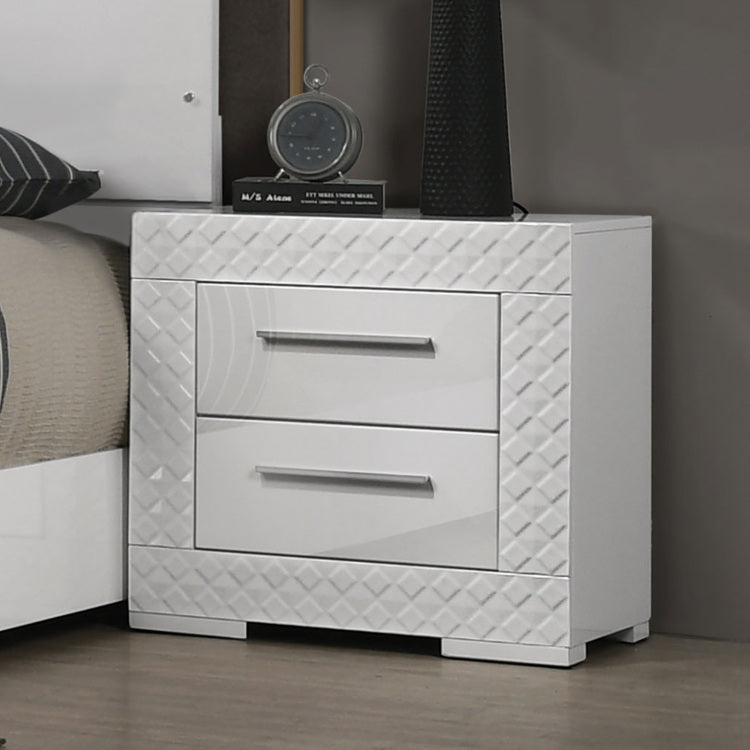 White High Gloss 1Pc Nightstand Metal Side Glide 2 Drawers Bedside Table Chrome Hardware Bedroom Furniture