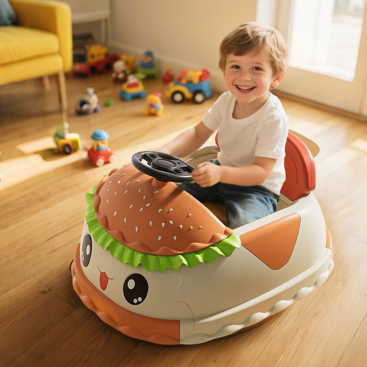 12V Kids Ride On Electric Bumper Car W Parents Control,Cute&Realistic Hamburger Design,360 Degree Rotation,Storing Space,Bluetooth,Music,Usb,Silent Wheel,Led Lights,Power Display,Anti Rollover For 2
