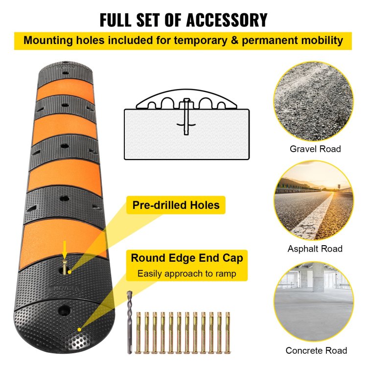 Rubber Speed Bump, 1 Pack 2 Channel Speed Bump Hump, 72" Long Modular Speed Bump Rated 22000 Lbs Loading, 72.8 X 12.2 X 2.2 Garage Speed Bump For Asphalt Concrete Gravel Driveway With 2 End Cap