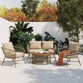 Bohemia Inspired 4 Person Outdoor Seating Group With Removable Cushions, Conversation Patio Set With Wood Tabletop, Beige