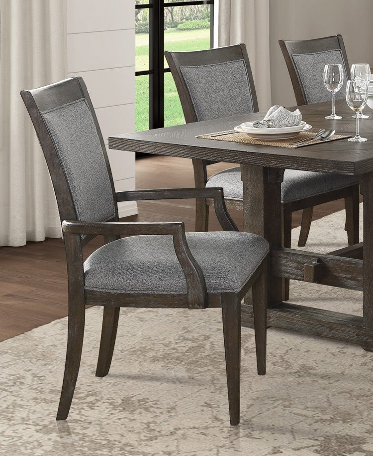 Transitional Brown Gray Armchairs Set Of 2, Fabric Upholstery Seat Back Wooden Dining Furniture