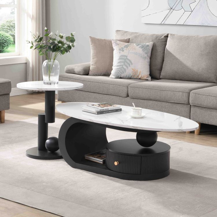 Modern Nesting Coffee Table Set Of 2 End Table For Living Room, Oval And Round Table Set