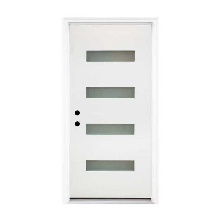 36 X 80 Fiberglass Entry Door, 4 Lite Frosted Glass Contemporary Style For Home'S Front Entrance, Right Hand Inswing, Packaging 4 9 16 Vinyl Frame, White Finish Knock Down Entry Door