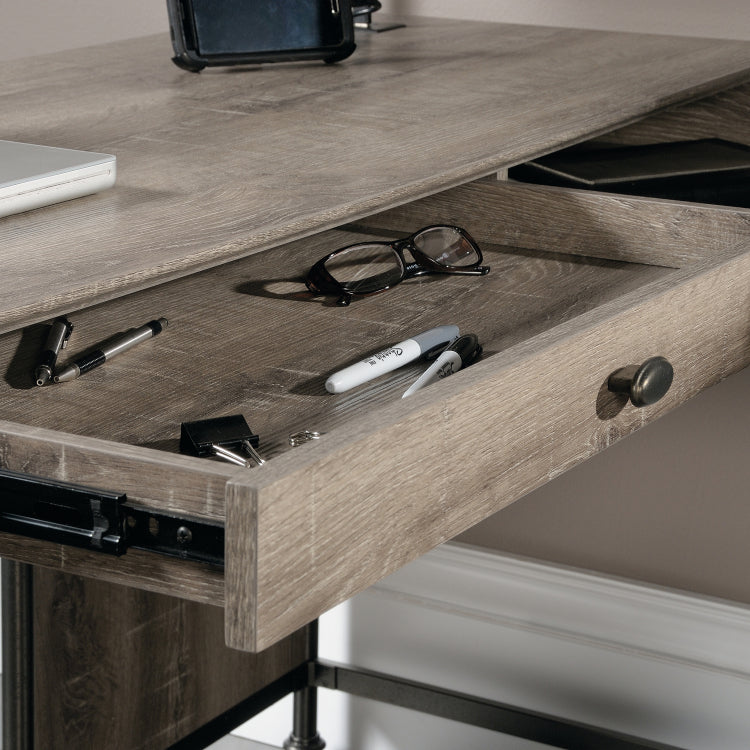 Industrial L Shaped Desk With Built In Usb Ports And Grommet Holes, Brown Finish