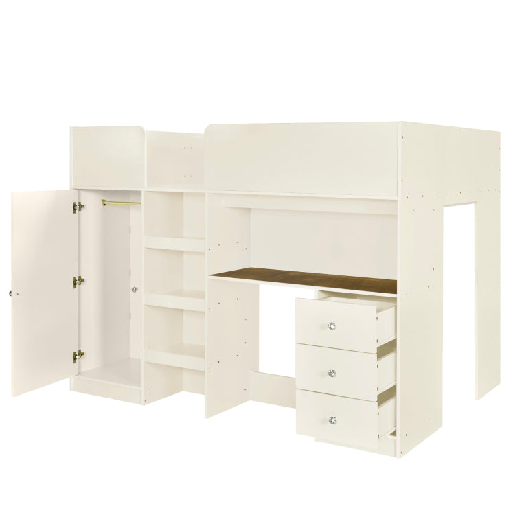 Wood Full Size Loft Bed With Built In Wardrobe, Desk, Storage Shelves And Drawers, Beige