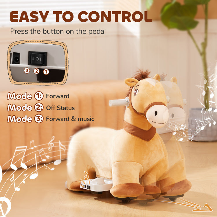 Qaba 6V Ride On Horse, Battery Powered Electric Ride On Pony With Music Forward, Pu Wheels, Soft Touch, For Girls Boys Aged 18 36 Months, Brown