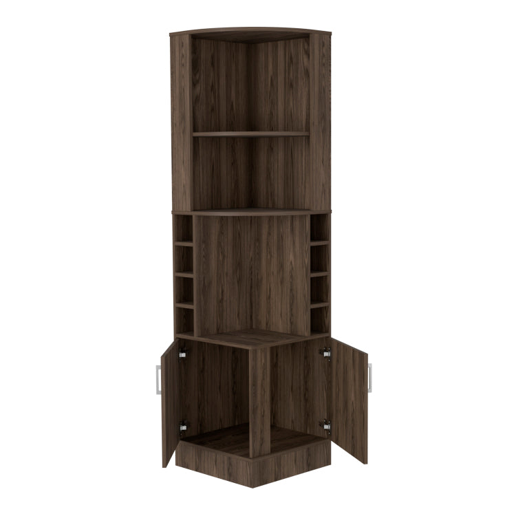 Corner Bar Cabinet, Two External Shelves, Dark Walnut