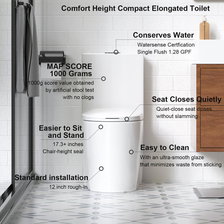 1.1 1.6 Gpf Tornado Flush One Piece Toilet For Bathrooms,Siphonic S Trap 12",Elongated Bowl With Soft Close Seat,Powerful Dual Flush Map 1000G,Comfort Chair Seat Ada Height 17",Glossy White Gw 001