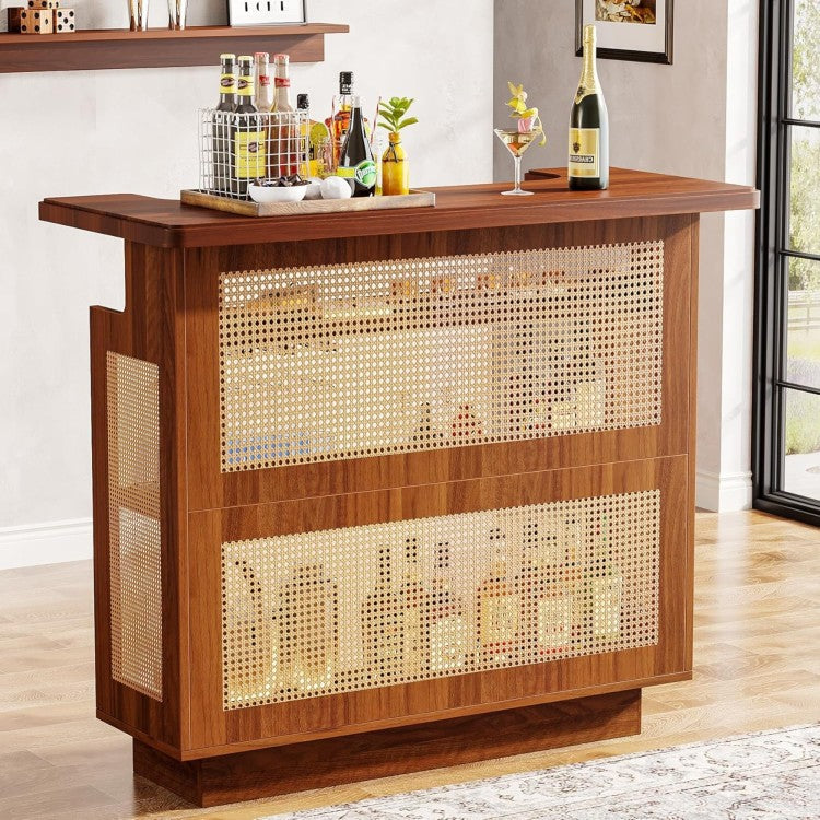 47.24 Inches Farmhouse Caramel Brown Rattan Home Bar Unit, 4 Tier Liquor Cabinet With Stemware Racks For Living Room