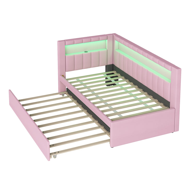 Upholstered Twin Size Platform Bed With Usb Ports And Led Belt, With Trundle, Pink