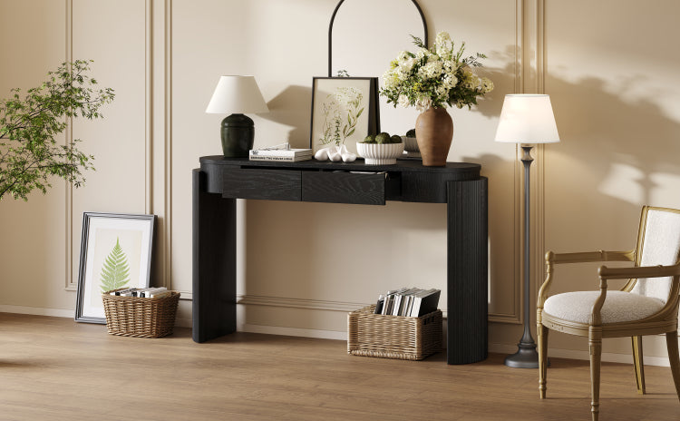 Entryway Table With Natural Wood Grain Finish, Console Table With Fluted Design, Oval Top And 2 Drawers For Entryway And Living Room Black