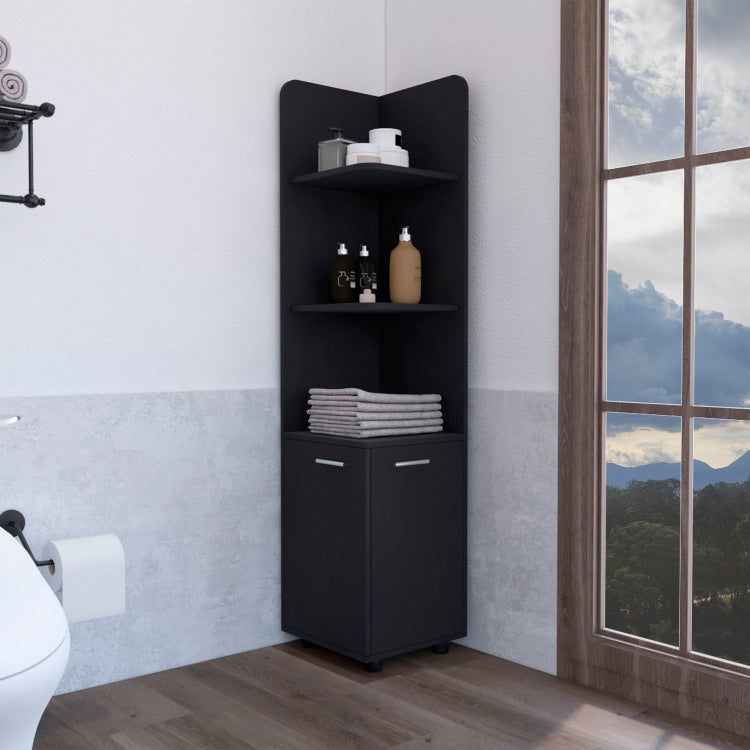 Corner Cabinet 62H" Tall With 3 Tier Shelf And 2 Door, Black