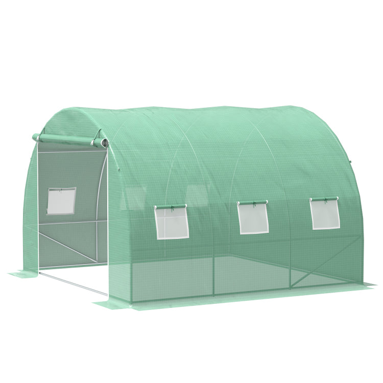 Outsunny 10' X 10' X 6.5' Walk In Tunnel Hoop Greenhouse, Polyethylene Pe Cover, Steel Frame, Roll Up Zipper Door & Windows For Flowers, Vegetables, Tropical Plants, Green