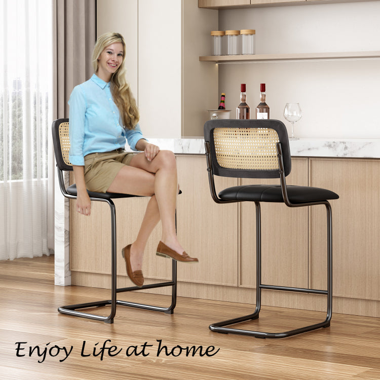 Counter Height Bar Stools Set Of 2, Upholstered Pu Leather Barstools With Rattan Back, 26 Inch Stools Armless Bar Chairs For Kitchen Island, Black