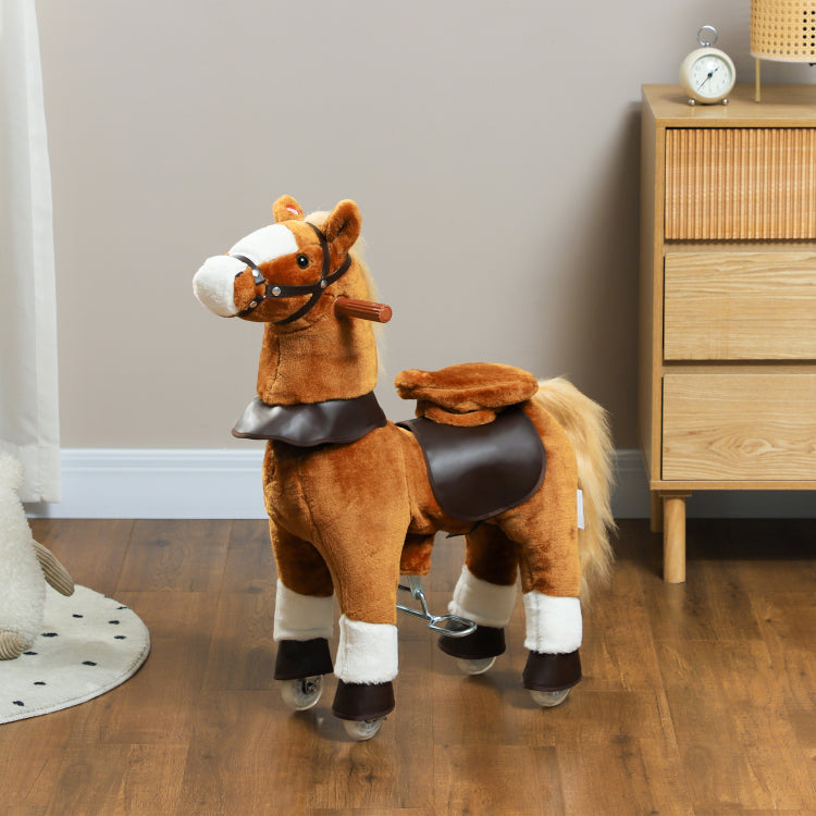 Qaba Ride On Horse, Walking Horse Toy, Kids Plush Riding Horse, Pony With Wheels & Neighing Sound For 3 5 Years Old Up To 132 Pounds, Brown