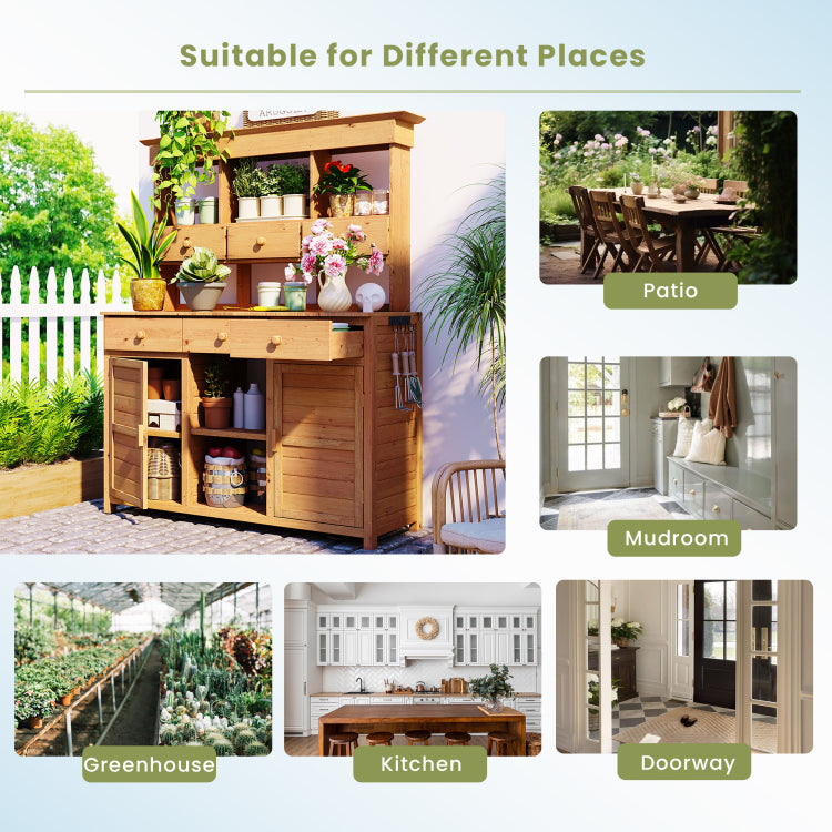 Assembly 65.7'' H Tall Garden Potting Bench Table With Hutch,Patio Storage Workstation With 3 Shelves,6 Drawers,2 Bottom Cabinets&Side Hooks For Mudroom,Doorway, Natural