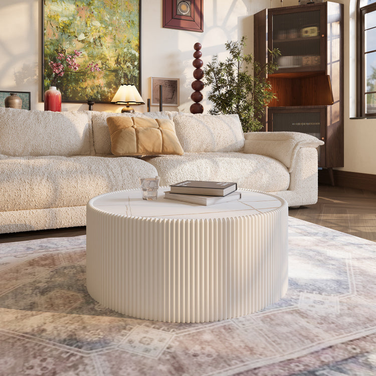 Light Sintered Stone Top Cylinder Shape Leather Coffee Modern Sofa Table For Living Room Furniture Each Tabletop Has A Unique Gold Pattern