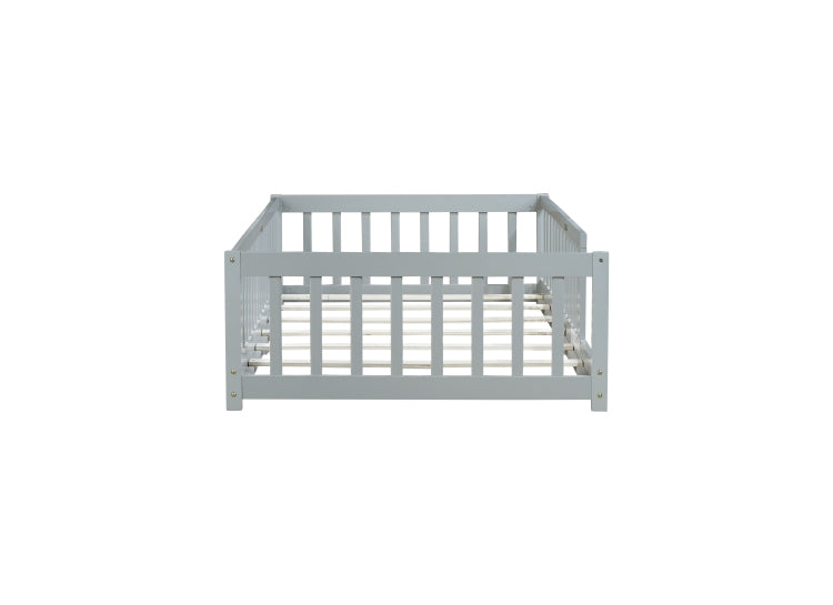 Twin Size Floor Bed With Fence Without Door, Rubber Wood Floor Bed With Safety Guardrails,Grey