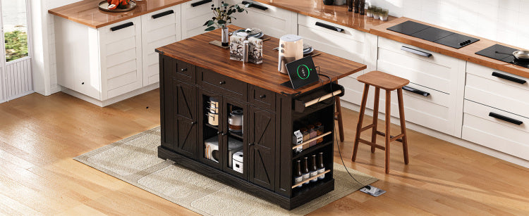 K&K 53'' Farmhouse Kitchen Island With Two Tempered Glass Cabinet Doors, Power Outlet, Rolling Kitchen Cart On Wheels With Drop Leaf, 5 Open Side Racks, 3 Drawers, For Kitchen, Dining Room, Black