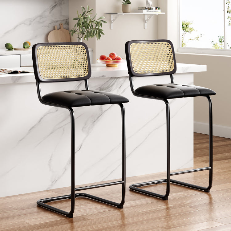Counter Height Bar Stools Set Of 2, Upholstered Pu Leather Barstools With Rattan Back, 30 Inch Stools Armless Bar Chairs For Kitchen Island, Black