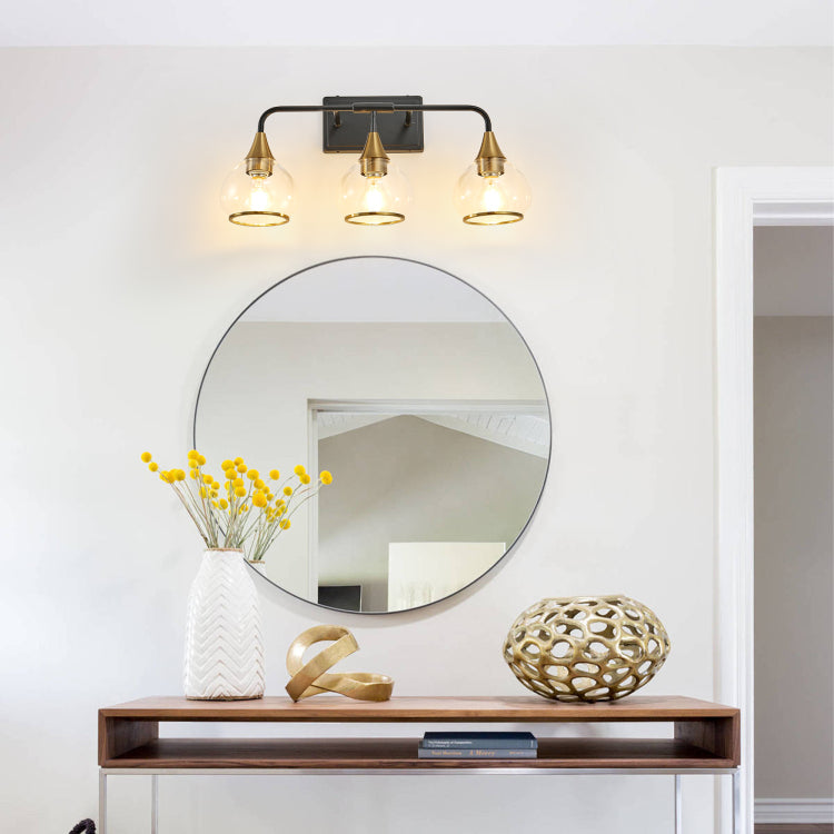 23" Modern 3 Light Vanity Wall Sconce Black And Gold Bathroom Light Fixture With Clear Glass Shades, Industrial Wall Mounted Lamp For Mirror, Vanity, And Living Spaces Bulb Not Included