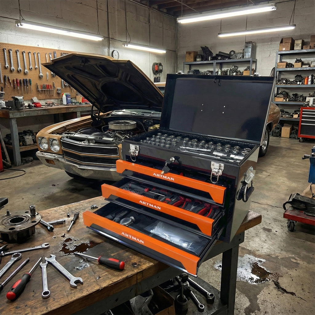 20'' Portable 3 Drawer Steel Toolbox, 4 Layers Of Tools With Metal Latches, With Top Storage Tray And Carrying Handle, Multi Function Tool Storage For Garage, Home, Or Workbench ,Black&Orange