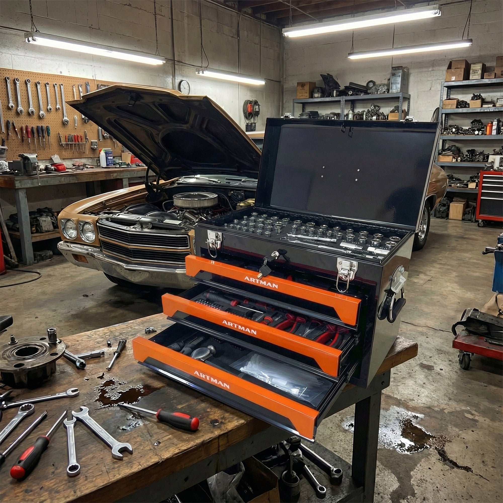 20'' Portable 3 Drawer Steel Toolbox, 4 Layers Of Tools With Metal Latches, With Top Storage Tray And Carrying Handle, Multi Function Tool Storage For Garage, Home, Or Workbench ,Black&Orange