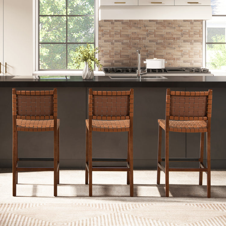 Andre 26" Woven Leather Counter Stool With Back, Pecan Brown Faux Leather
