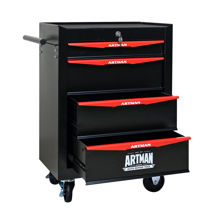 Rolling Metal Tool Chest With 4 Drawers, 20" 4 Drawer Tool Chest Cabinet With Ball Bearing Drawer Slides, Steel Tool Storage Box Organizer Black&Red
