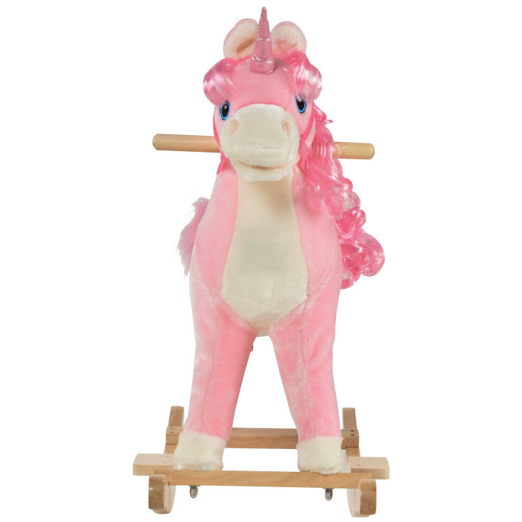 Qaba Rocking Horse, Kids Ride On Horse Unicorn Design With Wooden Base, Tail Wag & Sounds For Toddlers 3 6 Years Old, Pink