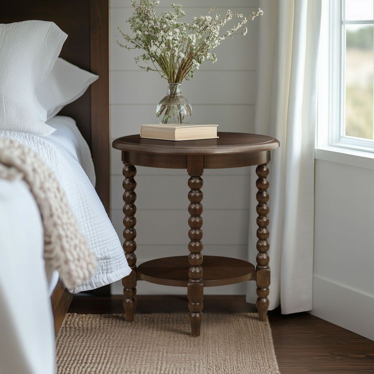 Round End Table With Shelf Brown