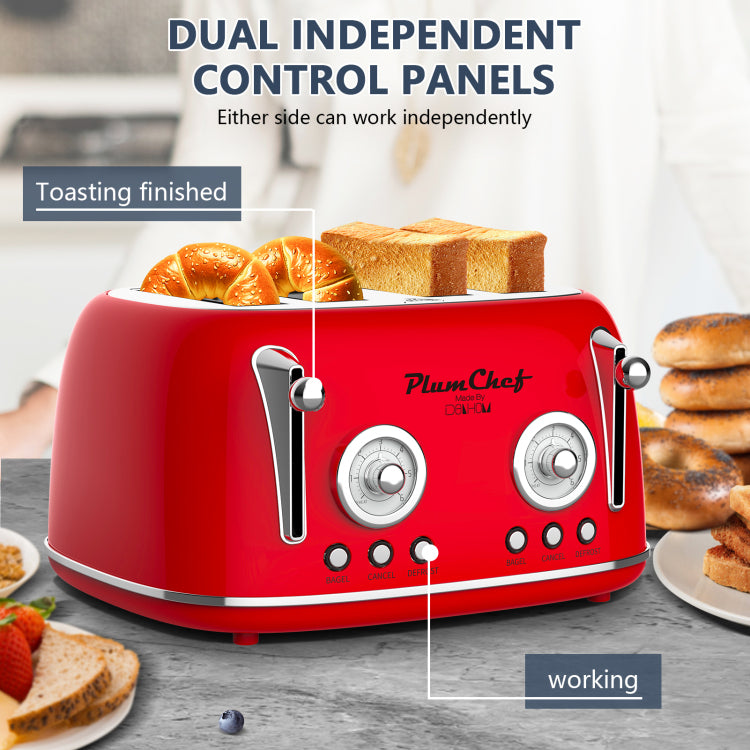 4 Slice Retro Style Toaster, Dual Control Toaster , 6 Browning Settings, Bagel Defrost Functions, Removable Crumb Tray, Stainless Steel Housing 1650W, Red