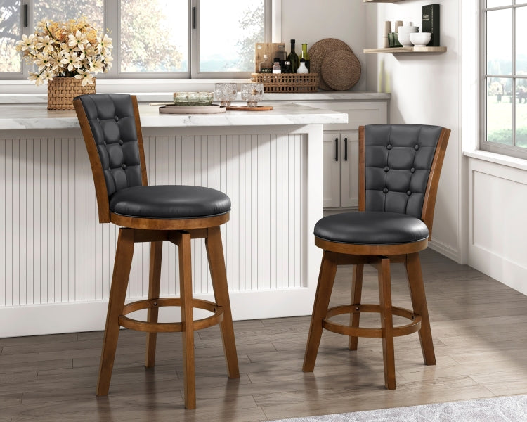 Swivel Counter Height Chairs Set Of 2, Button Tufted Upholstered Seat And Back Chestnut Finish Solid Wood Dining Furniture