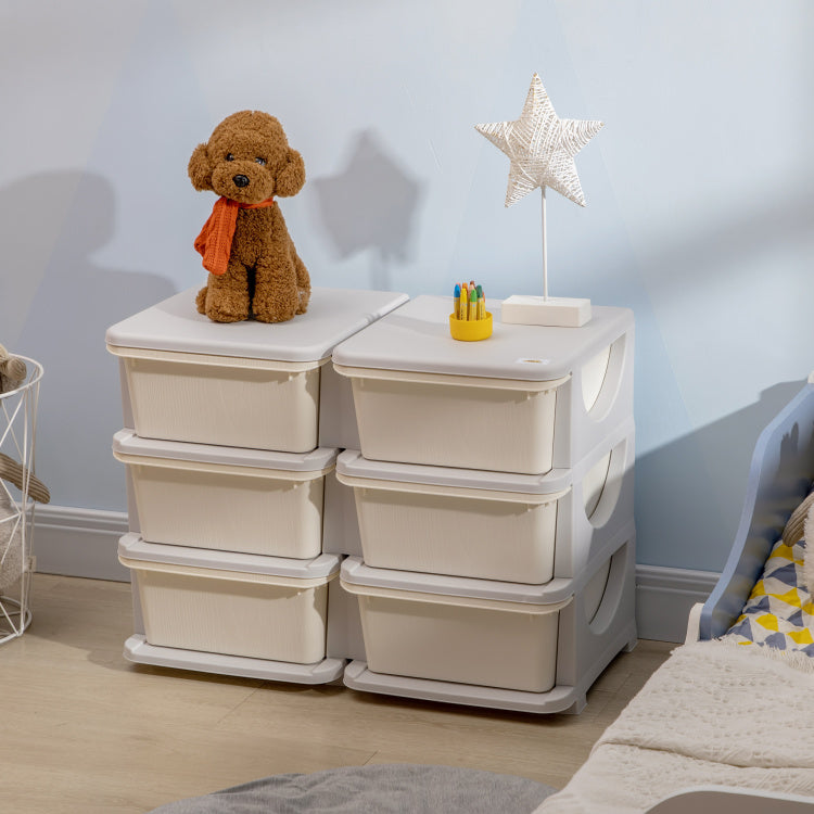 Qaba 3 Tier Kids Storage Unit, 6 Drawer Chest Toy Organizer Plastic Bins For Kids Bedroom Nursery Kindergarten Living Room For Boys Girls Toddlers, Cream