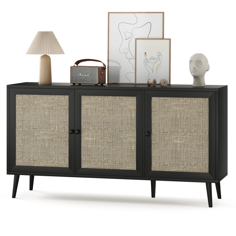 Sideboard Buffet Cabinet With 3 Rattan Doors,Modern Kitchen Storage Console Cabinet For Entryway Living Room Large,Black