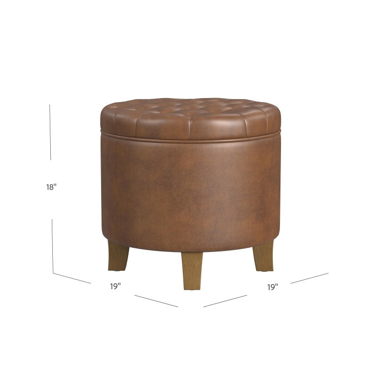 Wes Round Storage Ottoman, Brown Faux Leather, Hardwood, 19 Inch