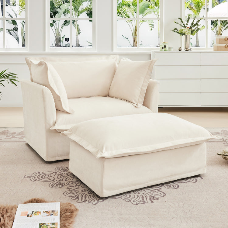Upholstered Slipcovered Armchair With Ottoman, Deep Seat Armchair W Wide Ottoman For Living Room, Armchair Sets With Large Soft Pillows Set Of 2 ,Chenille Fabric,Cream