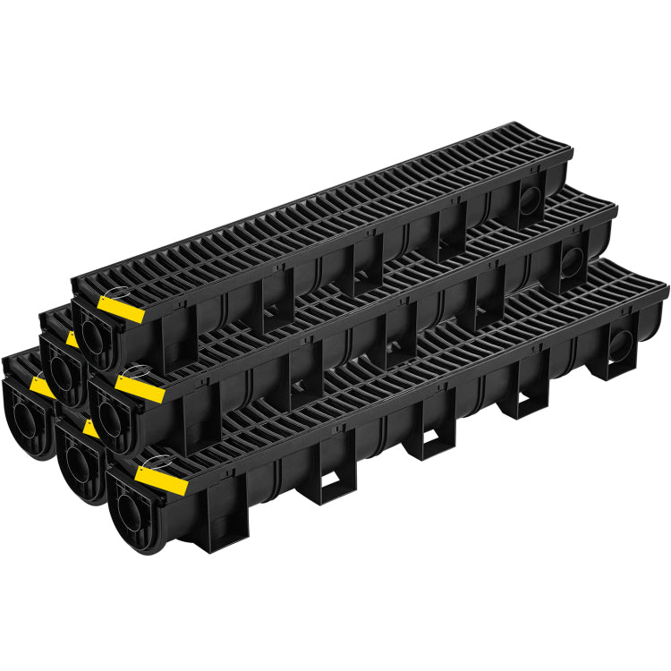 Trench Drain System, Channel Drain With Plastic Grate, 5.9X5.1 Inch Hdpe Drainage Trench, Black Plastic Garage Floor Drain, 6X39 Trench Drain Grate, With 6 End Caps, For Garden, Driveway 6 Pack