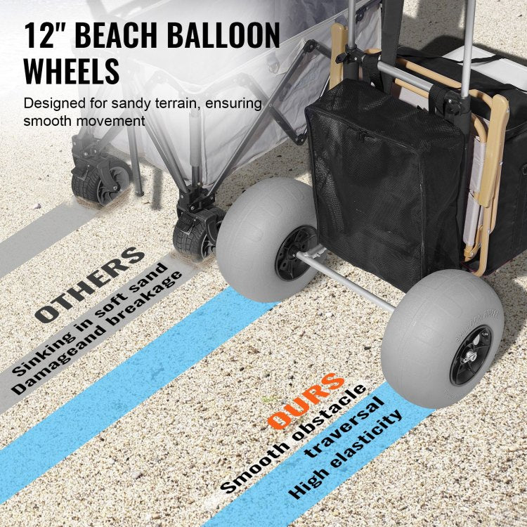Beach Dolly With Big Wheels For Sand, 29.9" X 15.4" Cargo Deck, W 12" Balloon Wheels, 165Lbs Loading Capacity Folding Sand Cart & 27" To 44.7" Adjustable Height, Heavy Duty Cart For Beach