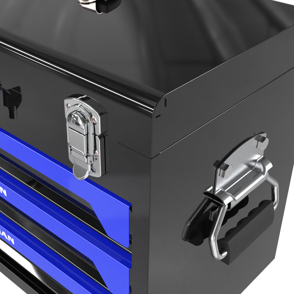 20'' Portable 3 Drawer Steel Toolbox, 4 Layers Of Tools With Metal Latches, With Top Storage Tray And Carrying Handle, Multi Function Tool Storage For Garage, Home, Or Workbench ,Black&Blue