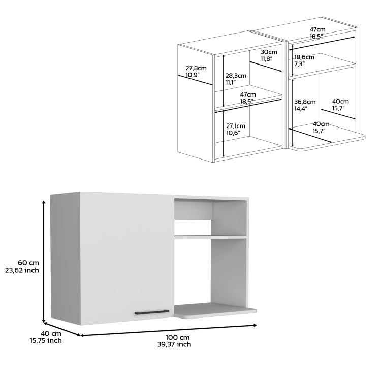 Stackable Wall Storage Cabinet 24" H, Two Internal Shelves, Two External Storage Shelves, One Door, White