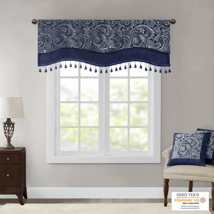 Jacquard Window Rod Pocket Valance With Ds Navy 50X18"