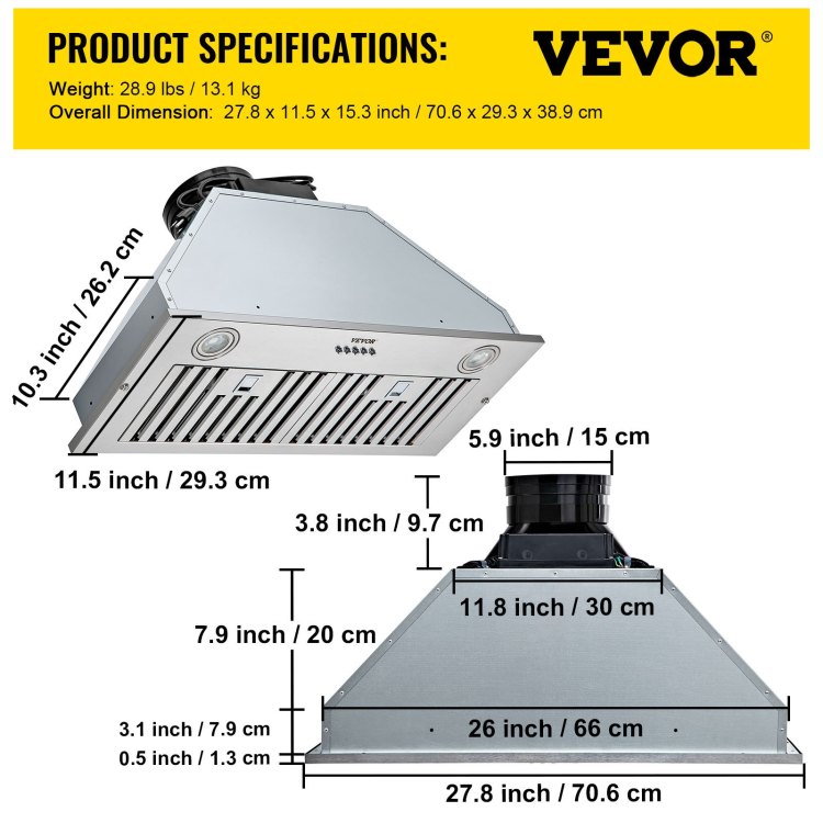 Insert Range Hood, 800Cfm 3 Speed, 30 Inch Stainless Steel Built In Kitchen Vent With Push Button Control Led Lights Baffle Filters, Ducted Ductless Convertible, Etl Listed