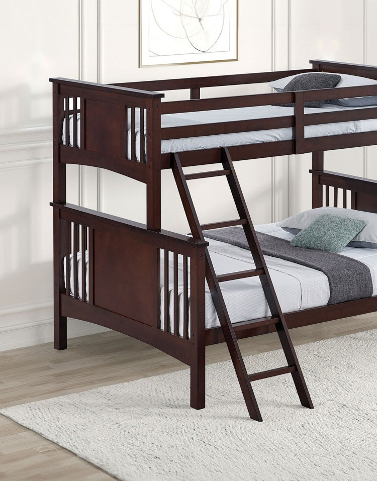 Modern Transitional Style Twin Over Full Bunk Bed With Ladder And Dark Walnut Finish