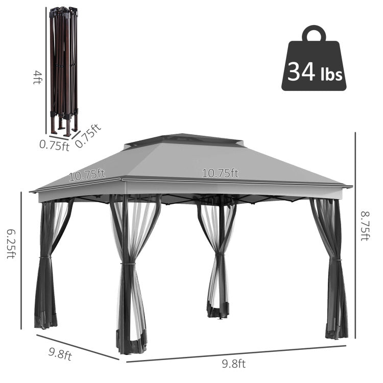 Outsunny 11' X 11' Pop Up Canopy, Outdoor Patio Gazebo Shelter With Removable Zipper Netting, Instant Event Tent W 114 Square Feet Of Shade And Carry Bag For Backyard, Garden, Light Gray